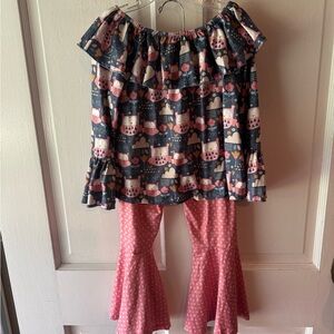 Cute Owl Print Off-Shoulder Top and Pink Flared Pants Set